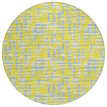 8' Yellow Denim Blue And Beige Round Abstract Washable Indoor Outdoor Area Rug