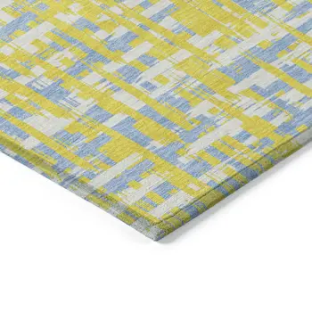8' Yellow Denim Blue And Beige Round Abstract Washable Indoor Outdoor Area Rug
