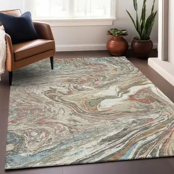 8' X 10' Beige Pink And Blue Abstract Washable Indoor Outdoor Area Rug