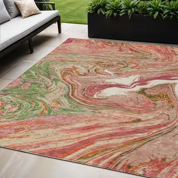 5' X 8' Coral Green And Ivory Abstract Washable Indoor Outdoor Area Rug