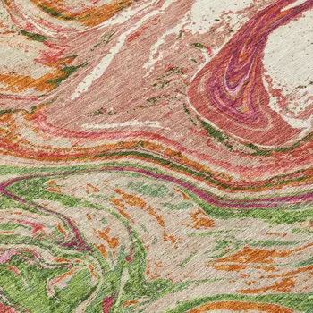 5' X 8' Coral Green And Ivory Abstract Washable Indoor Outdoor Area Rug