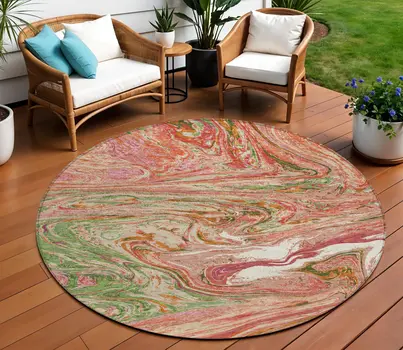 8' Coral Green And Ivory Round Abstract Washable Indoor Outdoor Area Rug