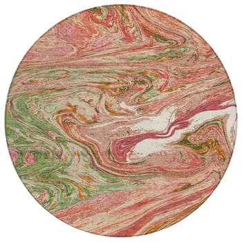 8' Coral Green And Ivory Round Abstract Washable Indoor Outdoor Area Rug