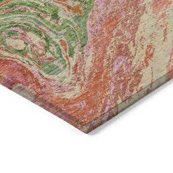 8' Coral Green And Ivory Round Abstract Washable Indoor Outdoor Area Rug