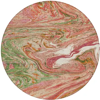 8' Coral Green And Ivory Round Abstract Washable Indoor Outdoor Area Rug
