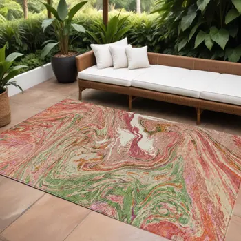 10' X 14' Coral Green And Ivory Abstract Washable Indoor Outdoor Area Rug