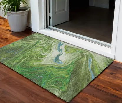 3' X 5' Green Blue And Ivory Abstract Washable Indoor Outdoor Area Rug