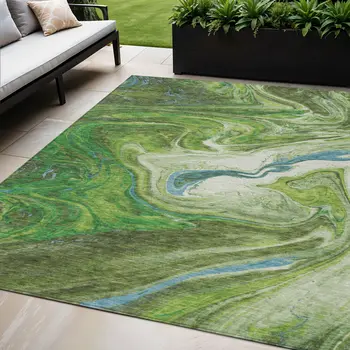 5' X 8' Green Blue And Ivory Abstract Washable Indoor Outdoor Area Rug