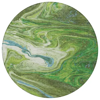 8' Green Blue And Ivory Round Abstract Washable Indoor Outdoor Area Rug