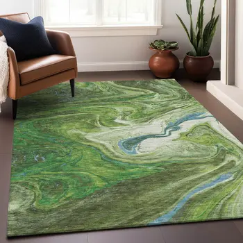 10' X 14' Green Blue And Ivory Abstract Washable Indoor Outdoor Area Rug