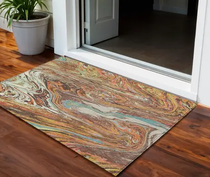 3' X 5' Khaki Brown And Blue Abstract Washable Indoor Outdoor Area Rug