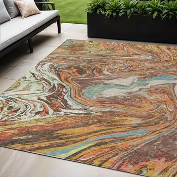 5' X 8' Khaki Brown And Blue Abstract Washable Indoor Outdoor Area Rug