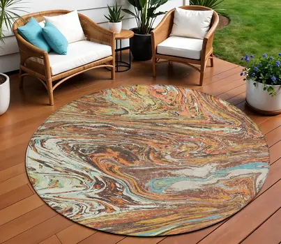 8' Khaki Brown And Blue Round Abstract Washable Indoor Outdoor Area Rug