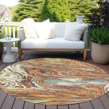 8' Khaki Brown And Blue Round Abstract Washable Indoor Outdoor Area Rug