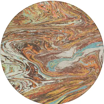 8' Khaki Brown And Blue Round Abstract Washable Indoor Outdoor Area Rug