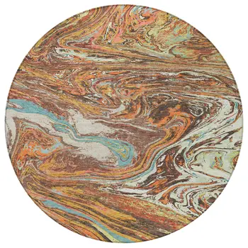 8' Khaki Brown And Blue Round Abstract Washable Indoor Outdoor Area Rug