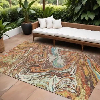 8' X 10' Khaki Brown And Blue Abstract Washable Indoor Outdoor Area Rug