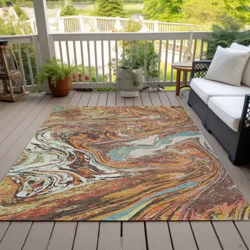 9' X 12' Khaki Brown And Blue Abstract Washable Indoor Outdoor Area Rug