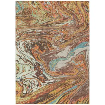 9' X 12' Khaki Brown And Blue Abstract Washable Indoor Outdoor Area Rug