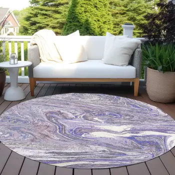 8' Lavender Purple And Gray Round Abstract Washable Indoor Outdoor Area Rug