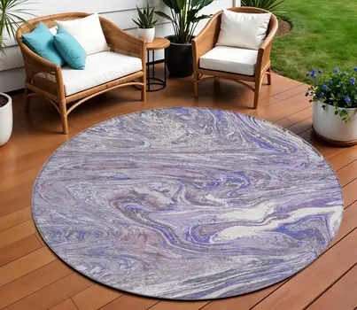 8' Lavender Purple And Gray Round Abstract Washable Indoor Outdoor Area Rug