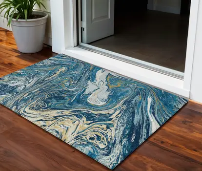 3' X 5' Navy Blue Gold And Ivory Abstract Washable Indoor Outdoor Area Rug