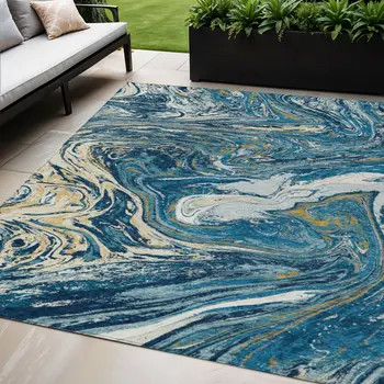 5' X 8' Navy Blue Gold And Ivory Abstract Washable Indoor Outdoor Area Rug