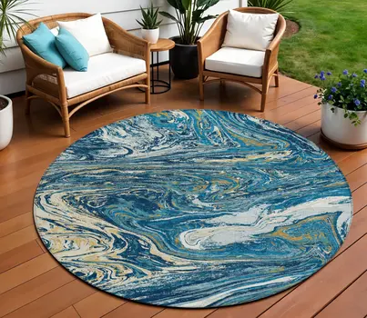 8' Navy Blue Gold And Ivory Round Abstract Washable Indoor Outdoor Area Rug
