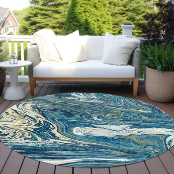 8' Navy Blue Gold And Ivory Round Abstract Washable Indoor Outdoor Area Rug