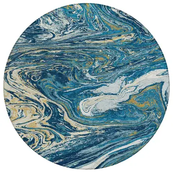 8' Navy Blue Gold And Ivory Round Abstract Washable Indoor Outdoor Area Rug
