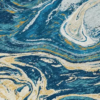 8' Navy Blue Gold And Ivory Round Abstract Washable Indoor Outdoor Area Rug
