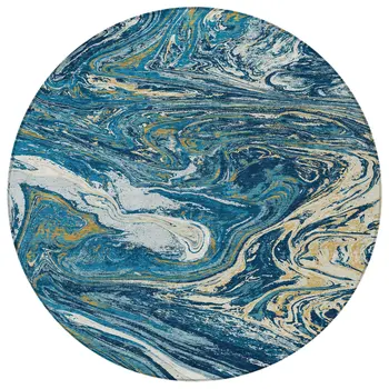 8' Navy Blue Gold And Ivory Round Abstract Washable Indoor Outdoor Area Rug