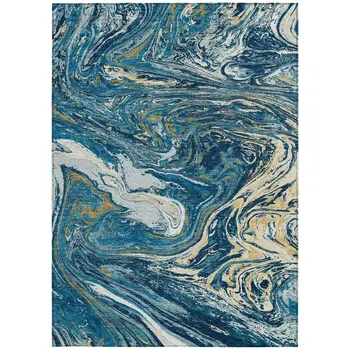 8' X 10' Navy Blue Gold And Ivory Abstract Washable Indoor Outdoor Area Rug