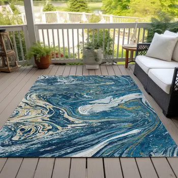 8' X 10' Navy Blue Gold And Ivory Abstract Washable Indoor Outdoor Area Rug