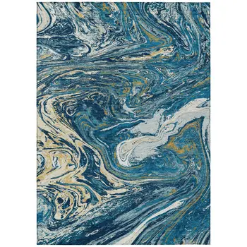 8' X 10' Navy Blue Gold And Ivory Abstract Washable Indoor Outdoor Area Rug