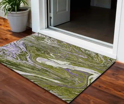 3' X 5' Olive Green Purple And Beige Abstract Washable Indoor Outdoor Area Rug
