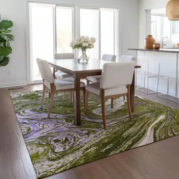 3' X 5' Olive Green Purple And Beige Abstract Washable Indoor Outdoor Area Rug