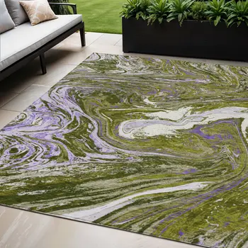5' X 8' Olive Green Purple And Beige Abstract Washable Indoor Outdoor Area Rug