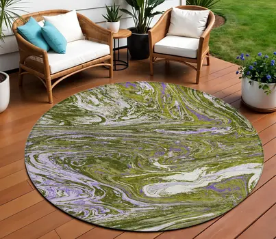 8' Olive Green Purple And Beige Round Abstract Washable Indoor Outdoor Area Rug