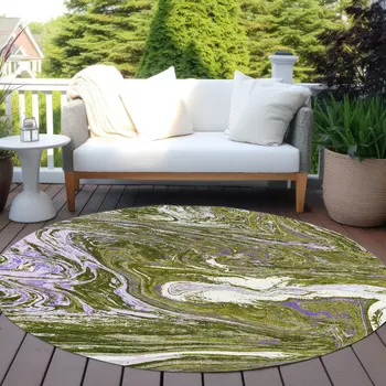 8' Olive Green Purple And Beige Round Abstract Washable Indoor Outdoor Area Rug