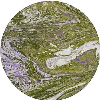 8' Olive Green Purple And Beige Round Abstract Washable Indoor Outdoor Area Rug