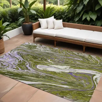8' X 10' Olive Green Purple And Beige Abstract Washable Indoor Outdoor Area Rug
