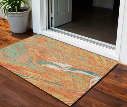 3' X 5' Orange Green And Beige Abstract Washable Indoor Outdoor Area Rug