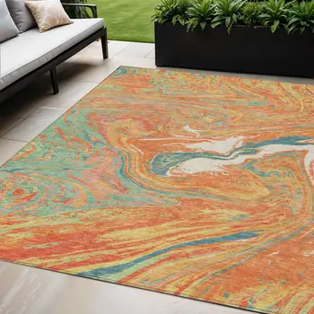 5' X 8' Orange Green And Beige Abstract Washable Indoor Outdoor Area Rug