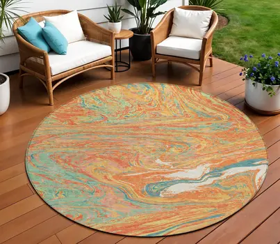 8' Orange Green And Beige Round Abstract Washable Indoor Outdoor Area Rug