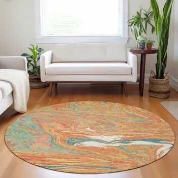 8' Orange Green And Beige Round Abstract Washable Indoor Outdoor Area Rug