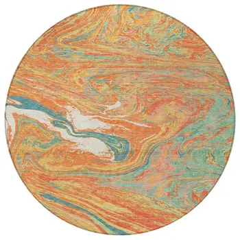 8' Orange Green And Beige Round Abstract Washable Indoor Outdoor Area Rug