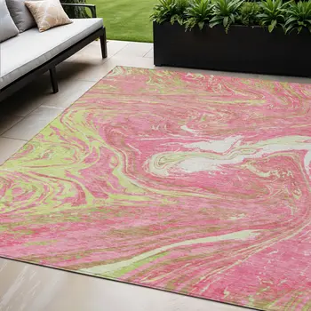 5' X 8' Pink Green And Ivory Abstract Washable Indoor Outdoor Area Rug