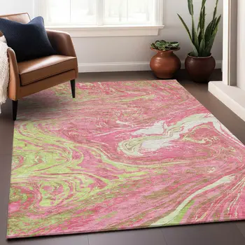 5' X 8' Pink Green And Ivory Abstract Washable Indoor Outdoor Area Rug