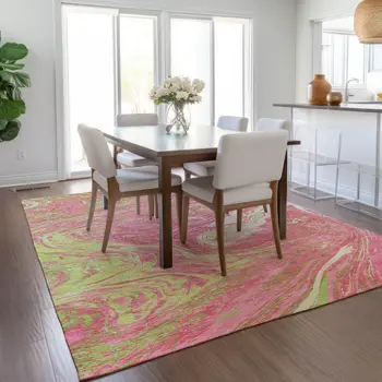 5' X 8' Pink Green And Ivory Abstract Washable Indoor Outdoor Area Rug